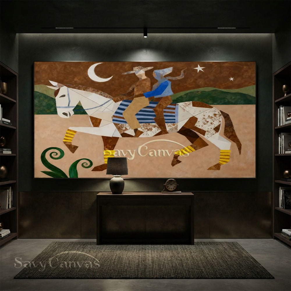 Handmade Modern Cubist Horse & Riders Vintage Moonlit Oil Painting #ZC 034