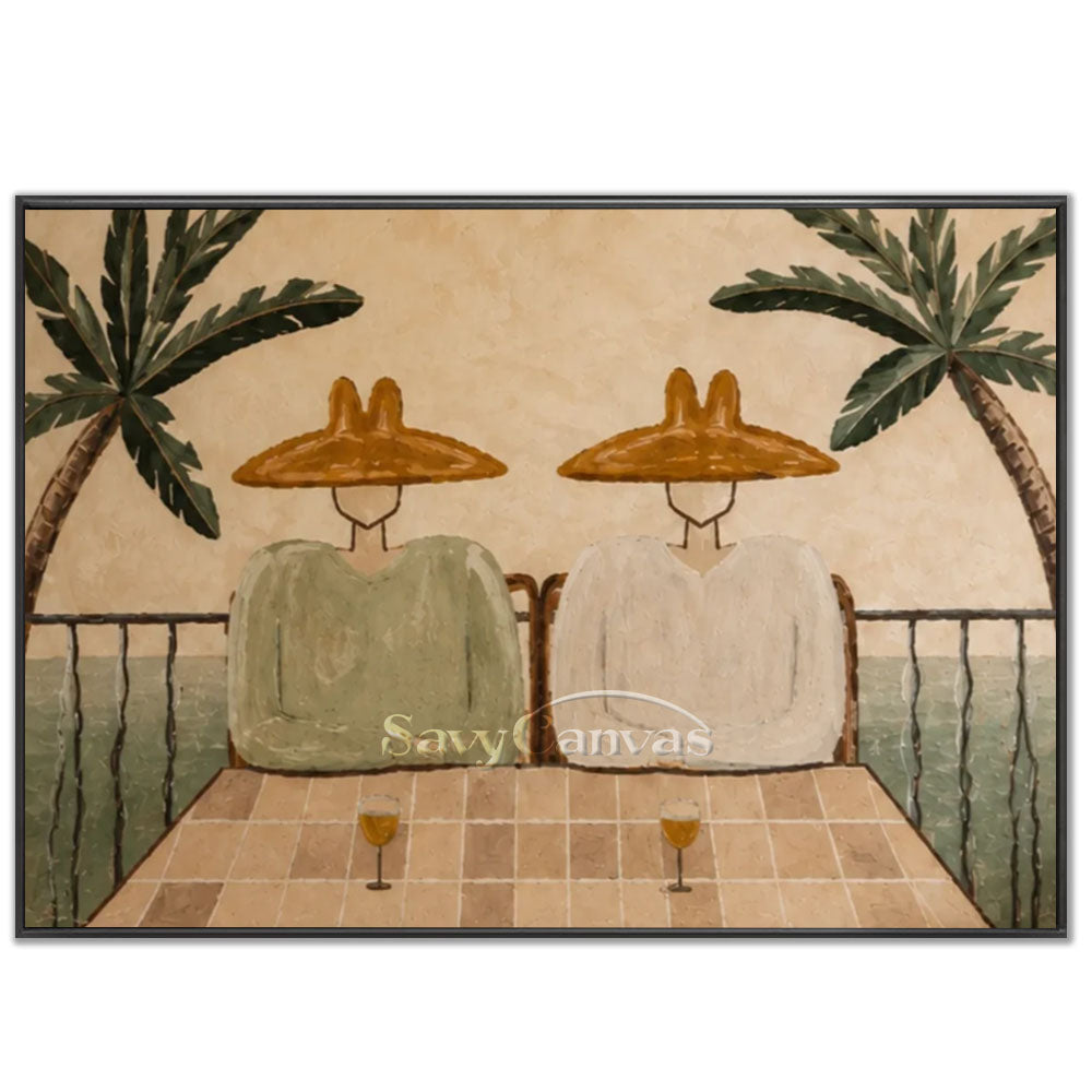 Premium handmade modern oil painting depicting two relaxed figures in large brown hats sipping drinks on a balcony surrounded by palm trees and ocean view.