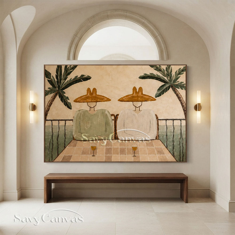Modern Coastal Terrace Couple Lounge Warm Beige Oil Painting #ZC 035