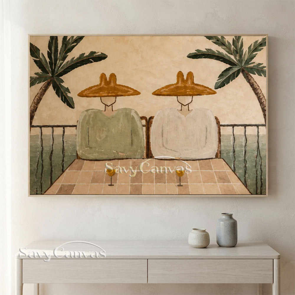 Modern Coastal Terrace Couple Lounge Warm Beige Oil Painting #ZC 035