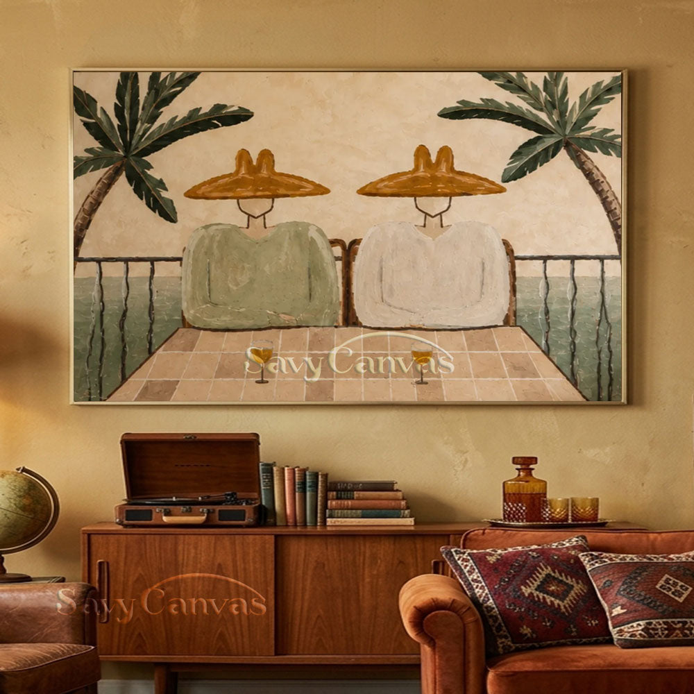 Modern Coastal Terrace Couple Lounge Warm Beige Oil Painting #ZC 035
