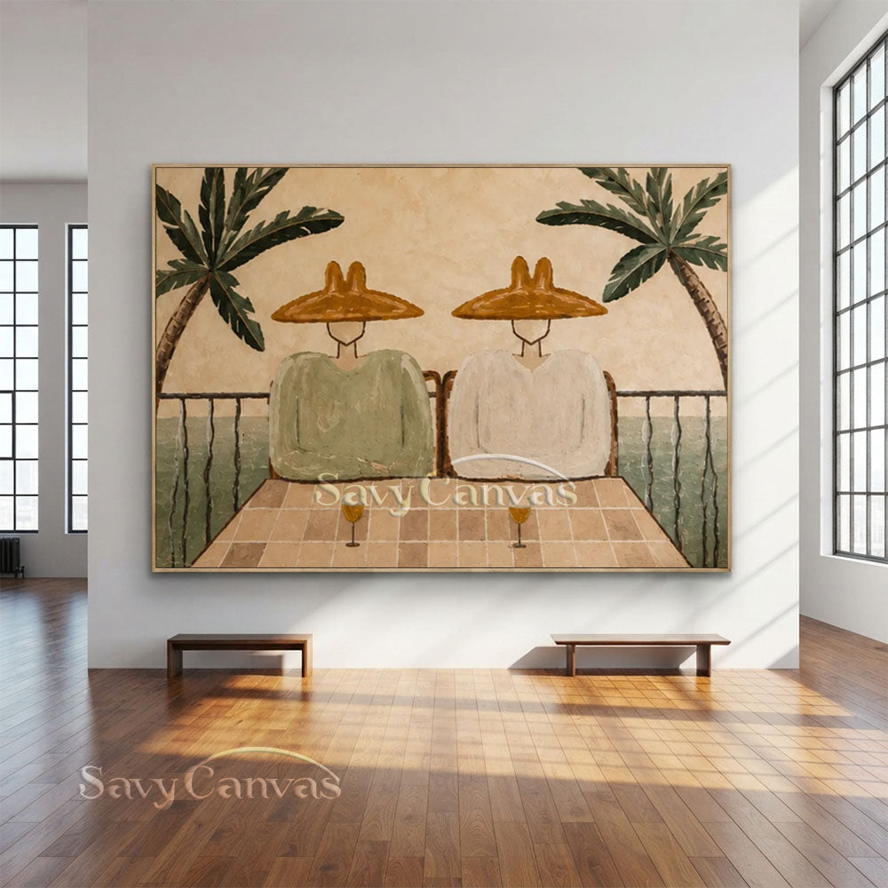 Modern Coastal Terrace Couple Lounge Warm Beige Oil Painting #ZC 035
