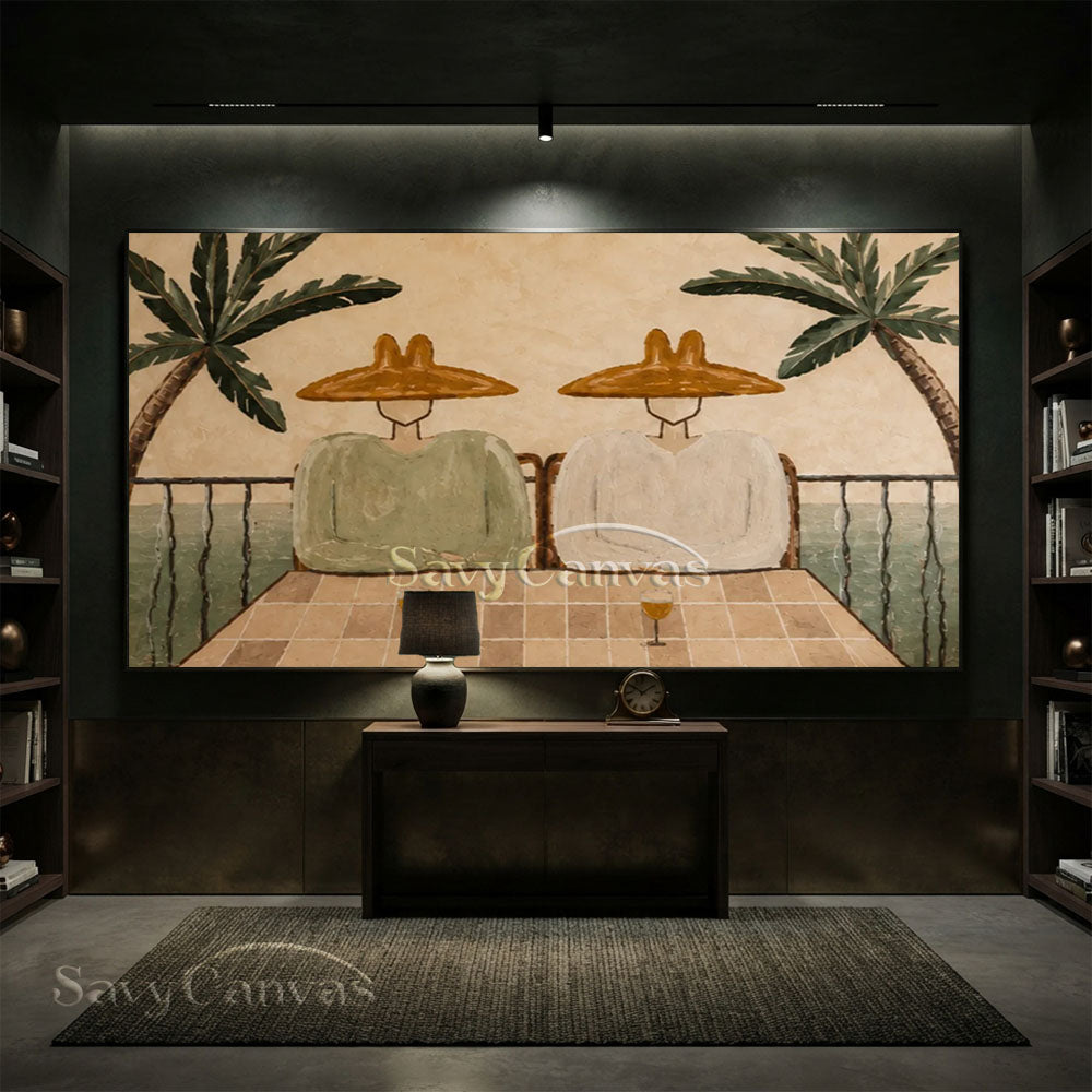 Modern Coastal Terrace Couple Lounge Warm Beige Oil Painting #ZC 035