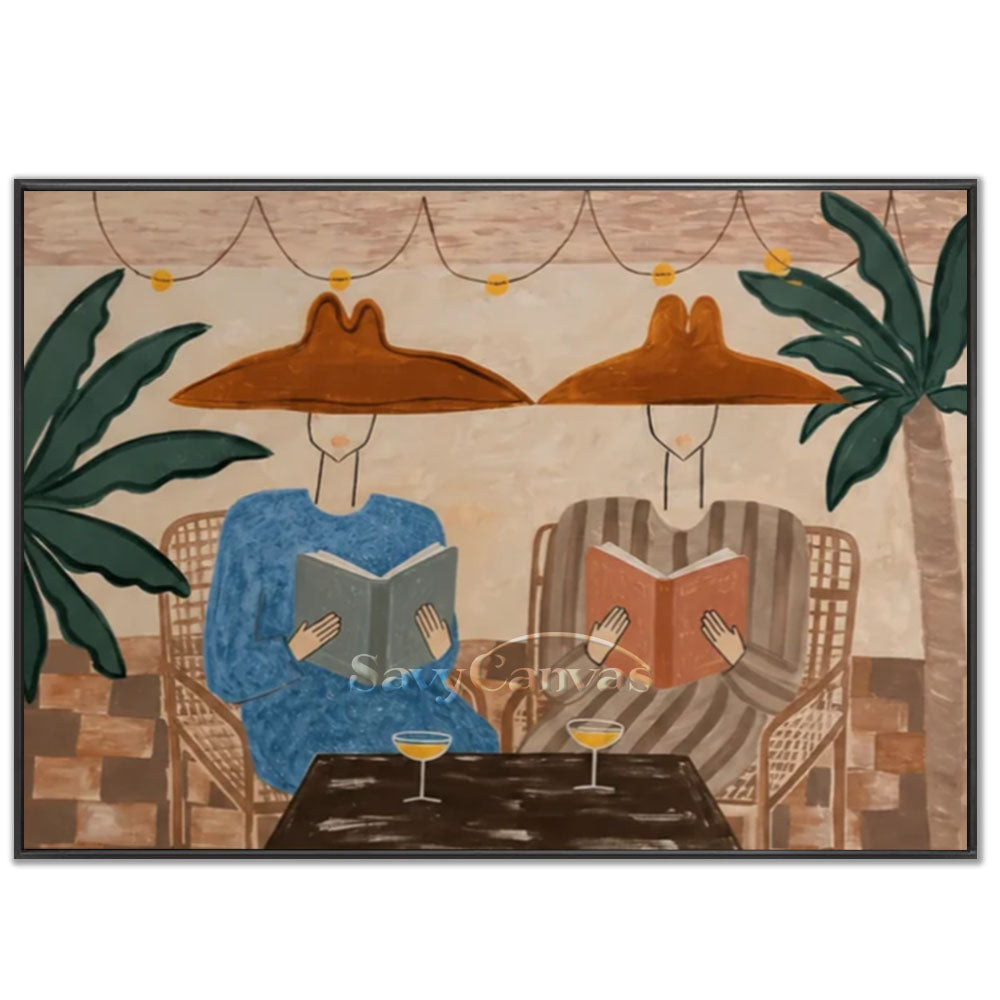 Premium handmade modern oil painting depicting two relaxed figures in wide brown hats reading books on a patio under palm trees with string lights.