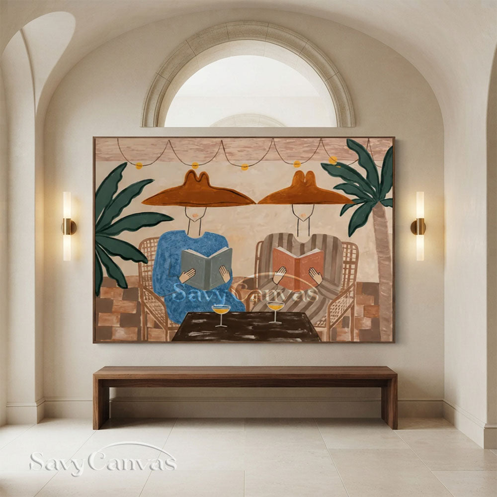 Handmade Modern Tropical Patio Reading Figures Warm Beige Oil Painting #ZC 036