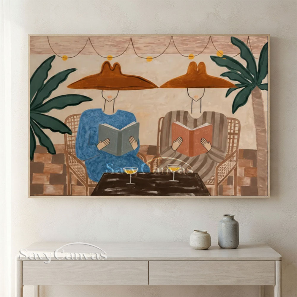 Handmade Modern Tropical Patio Reading Figures Warm Beige Oil Painting #ZC 036
