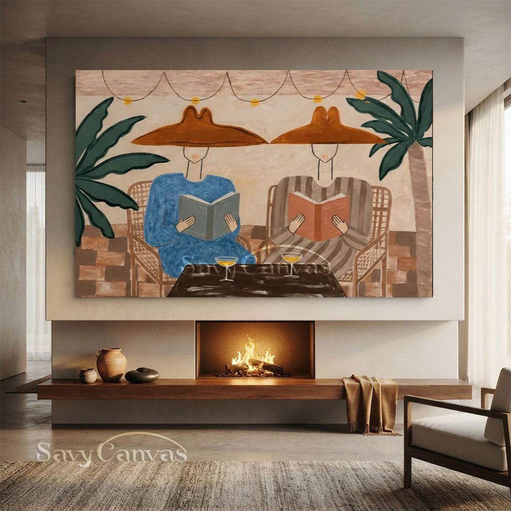 Handmade Modern Tropical Patio Reading Figures Warm Beige Oil Painting #ZC 036