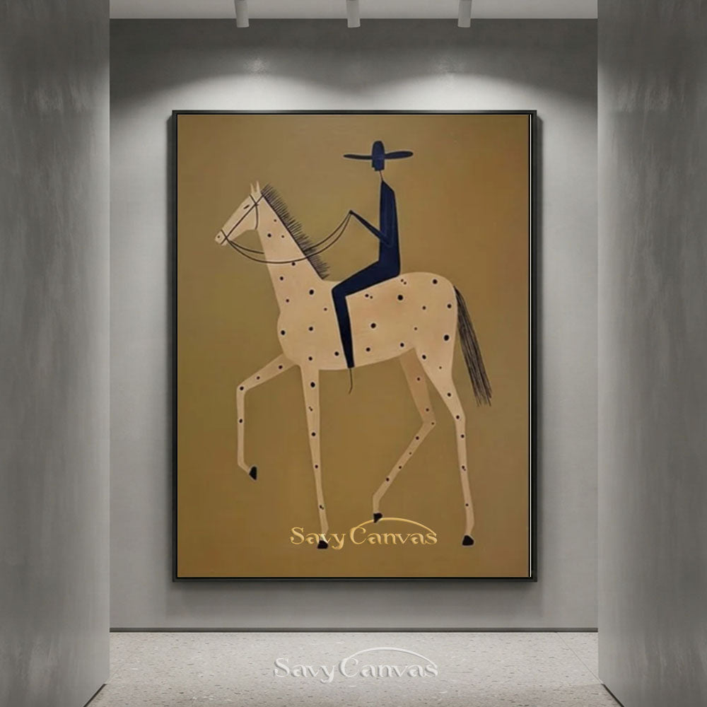 Modernist Spotted Horse Rider Vintage Folk Oil Painting #SS 248