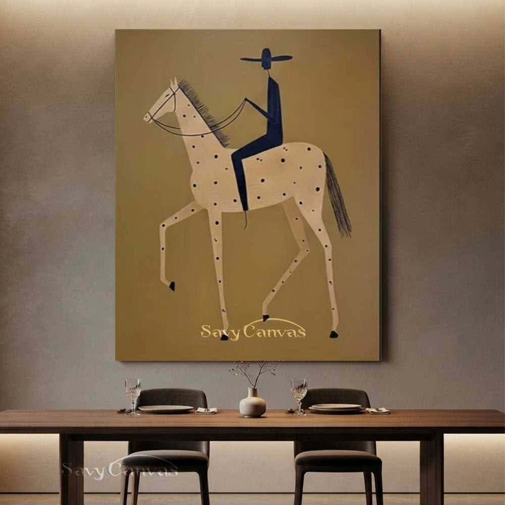 Modernist Spotted Horse Rider Vintage Folk Oil Painting #SS 248