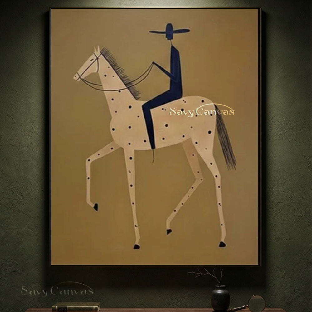 Modernist Spotted Horse Rider Vintage Folk Oil Painting #SS 248