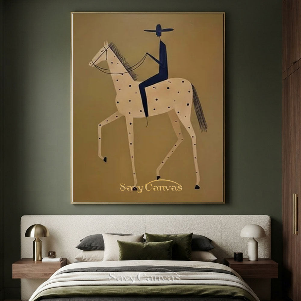 Modernist Spotted Horse Rider Vintage Folk Oil Painting #SS 248