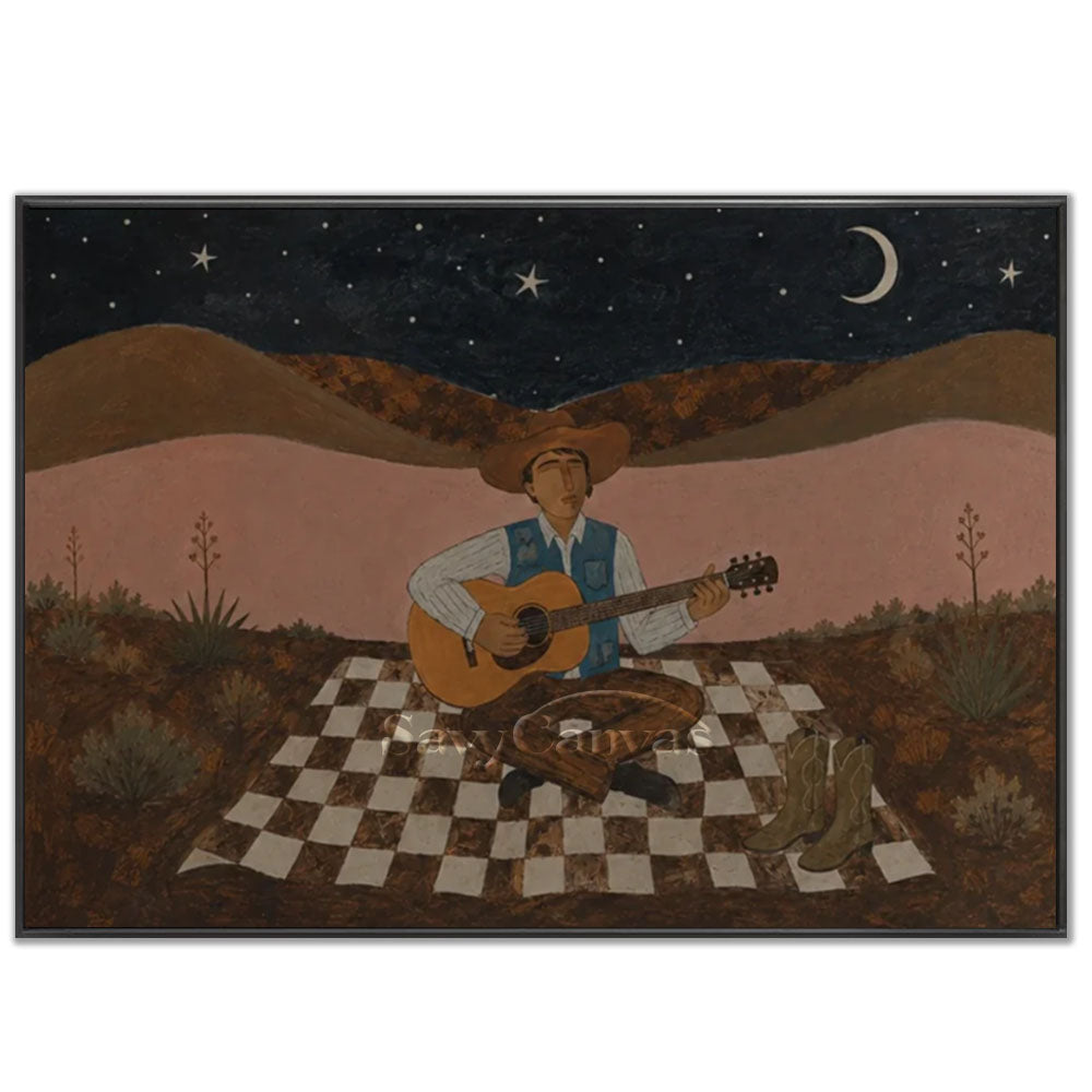 Premium handmade vintage oil painting depicting a cowboy playing acoustic guitar on a checkered blanket under a night sky with stars and a crescent moon.