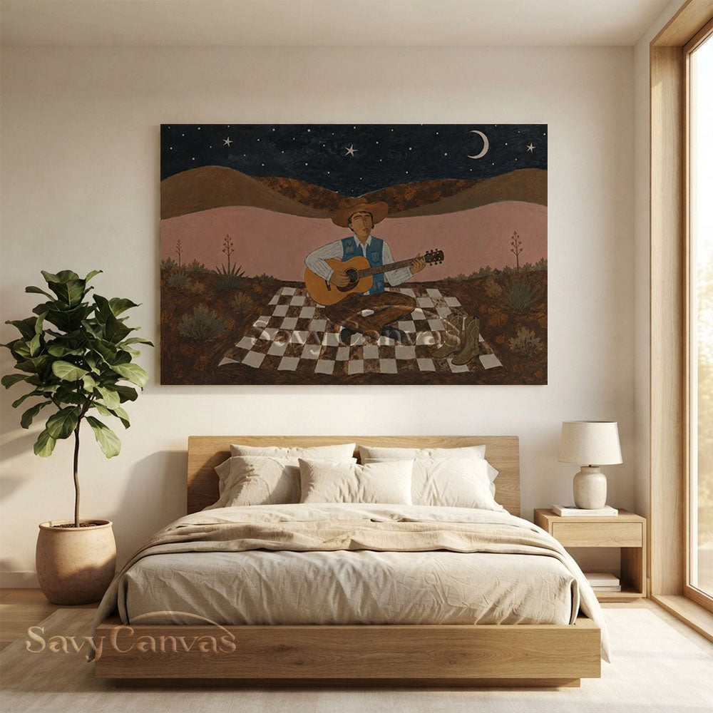 Handmade Vintage Cowboy Guitarist Moonlit Desert Night Oil Painting #ZC 037