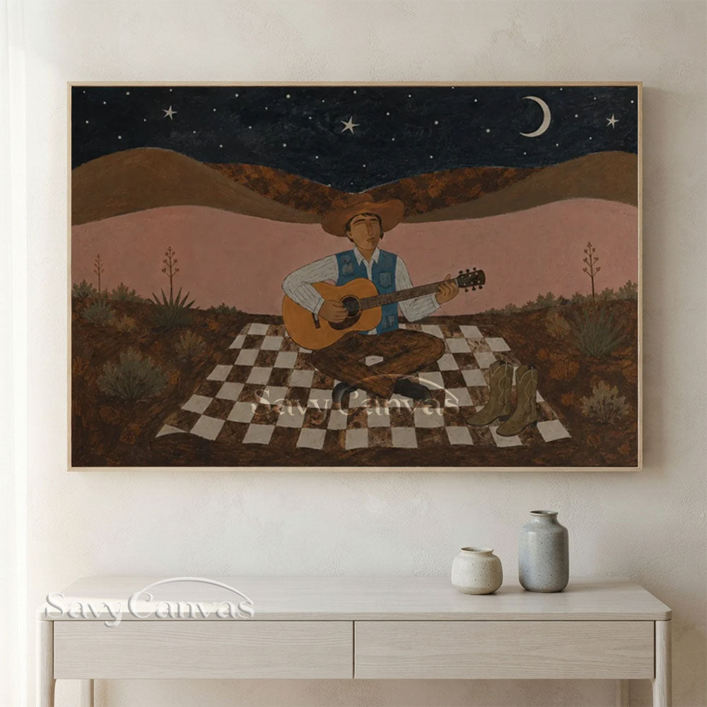Handmade Vintage Cowboy Guitarist Moonlit Desert Night Oil Painting #ZC 037