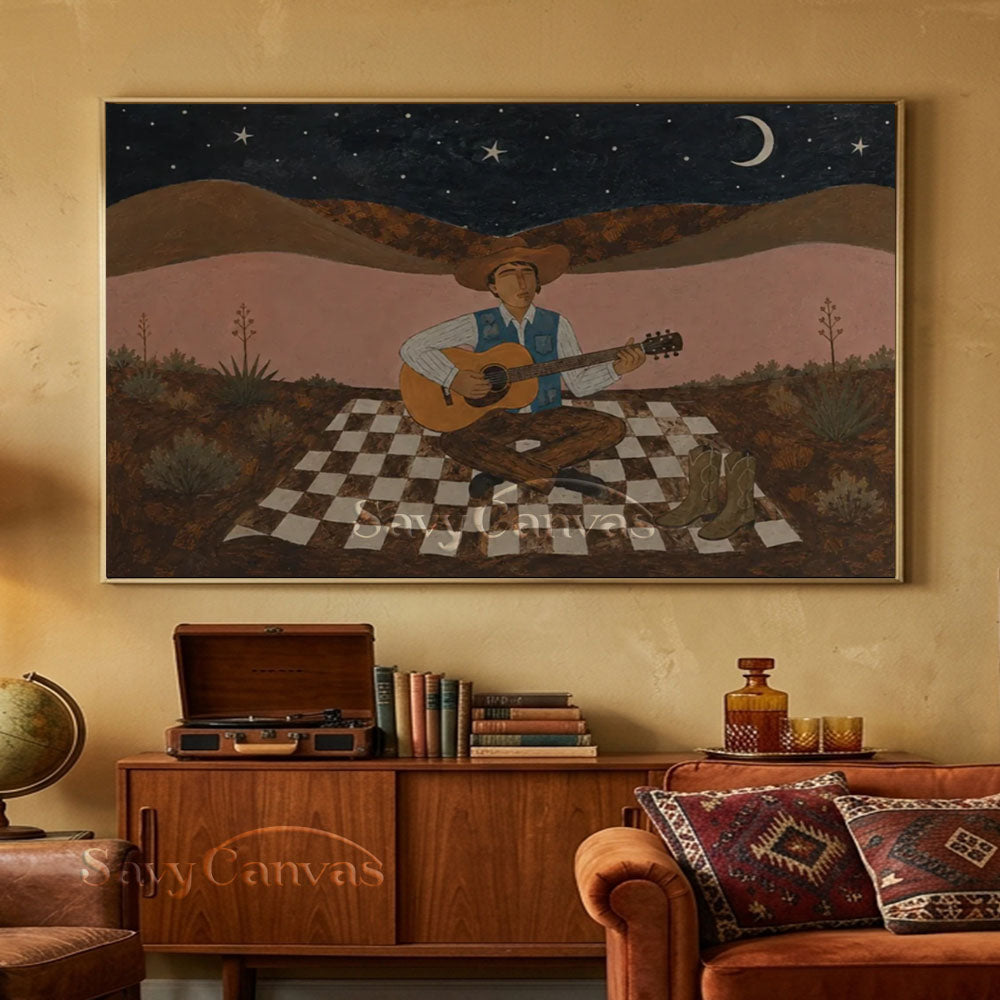 Handmade Vintage Cowboy Guitarist Moonlit Desert Night Oil Painting #ZC 037
