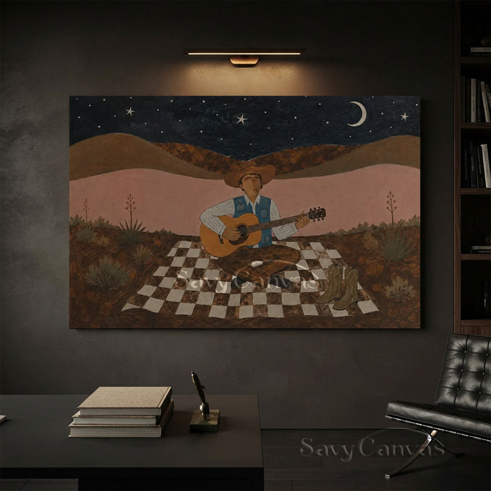 Handmade Vintage Cowboy Guitarist Moonlit Desert Night Oil Painting #ZC 037