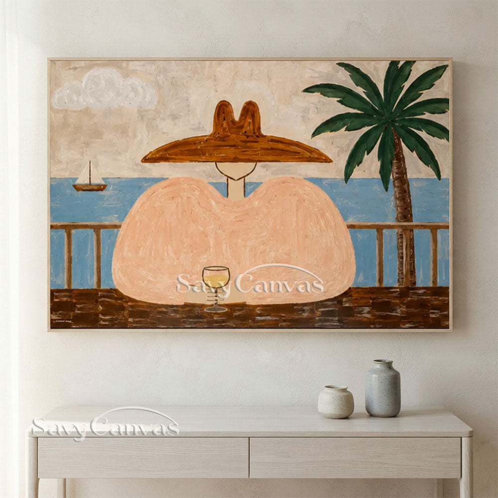 Handmade Modern Coastal Terrace Wine Lady Beige Oil Painting #ZC 039