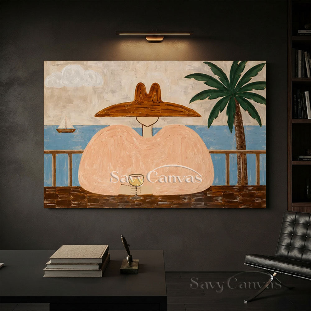 Handmade Modern Coastal Terrace Wine Lady Beige Oil Painting #ZC 039