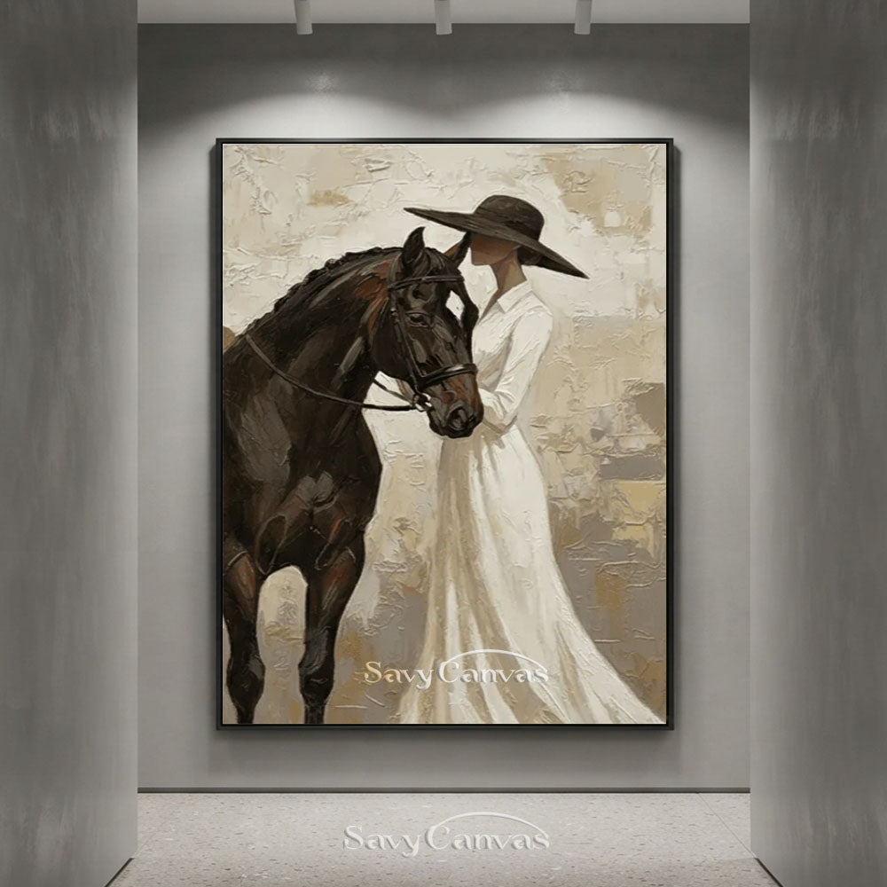 Impressionist Elegant Lady and Horse Vintage Oil Painting #SS 252