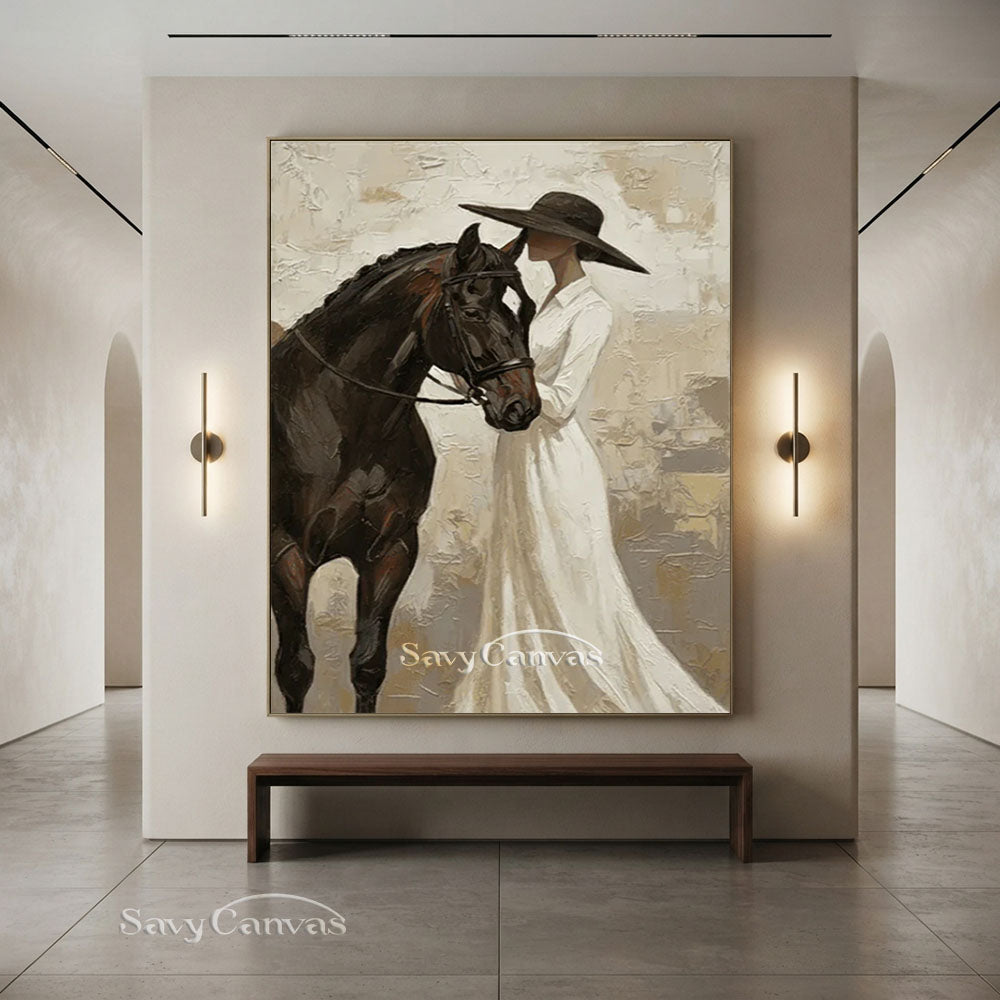 Impressionist Elegant Lady and Horse Vintage Oil Painting #SS 252