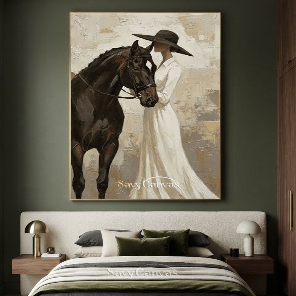 Impressionist Elegant Lady and Horse Vintage Oil Painting #SS 252