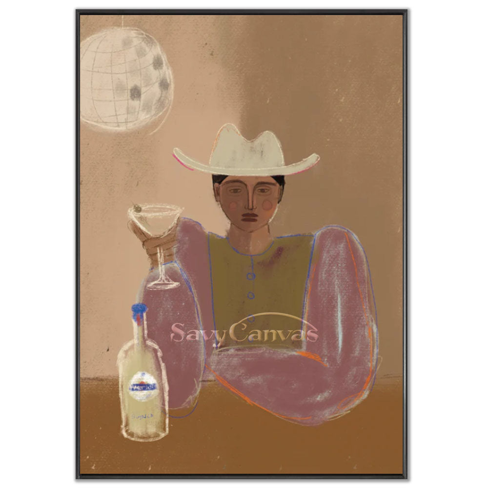 A 100% handmade modernist oil painting featuring a stylized portrait of a retro cowgirl in a white hat, wearing a dusty rose and mustard top. She is holding a martini glass with an olive, sitting next to a bottle of Martini Bianco, with a subtle disco ball fading into a warm beige background.