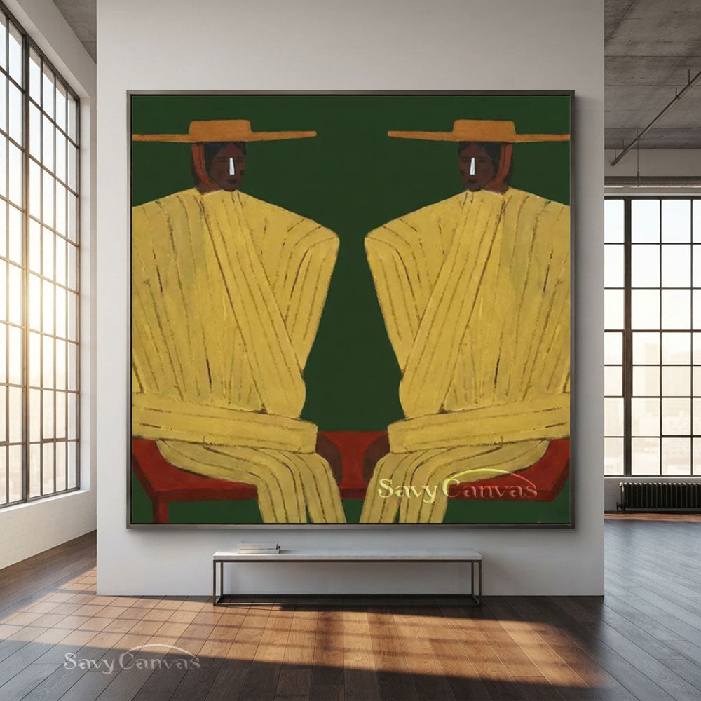 Handmade Modern Abstract Two Cowboys Green Oil Painting #ZC 015