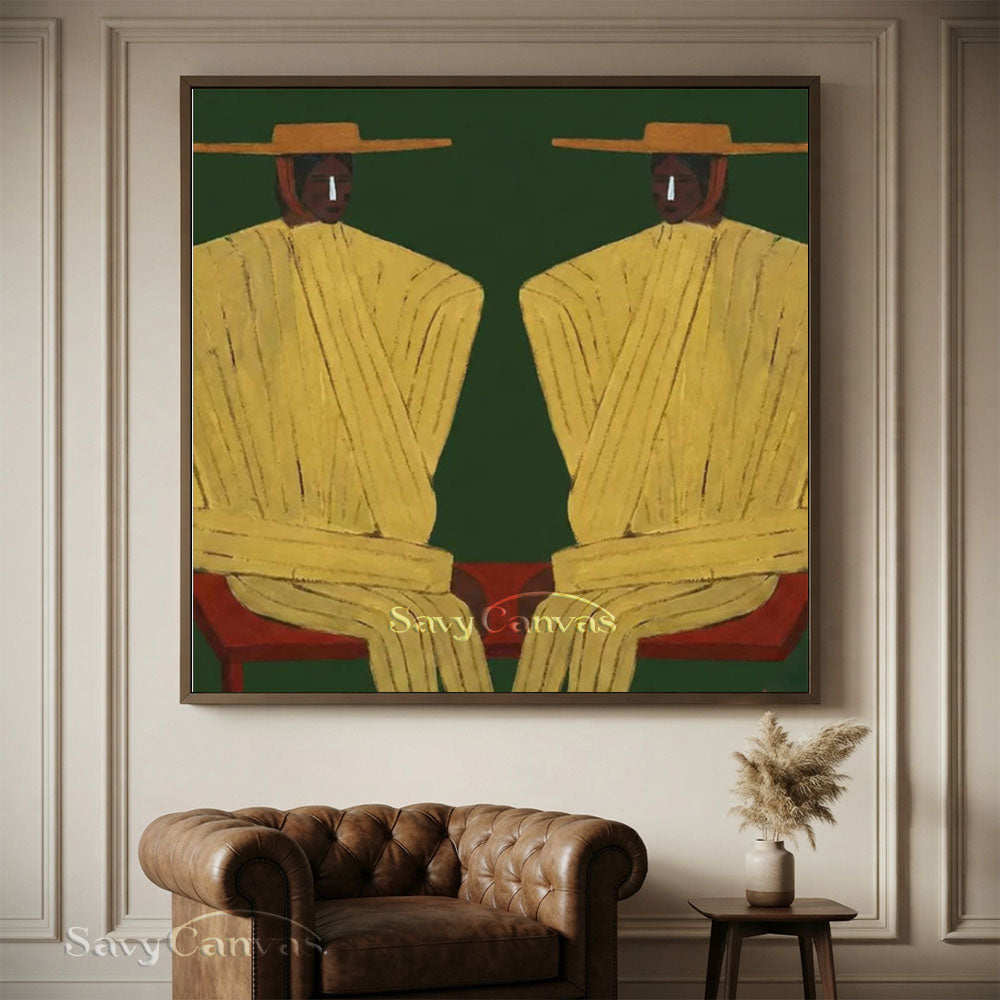 Handmade Modern Abstract Two Cowboys Green Oil Painting #ZC 015