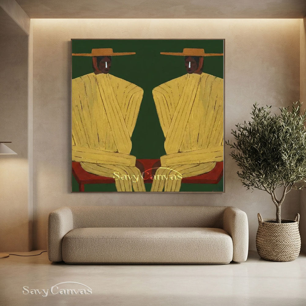 Handmade Modern Abstract Two Cowboys Green Oil Painting #ZC 015