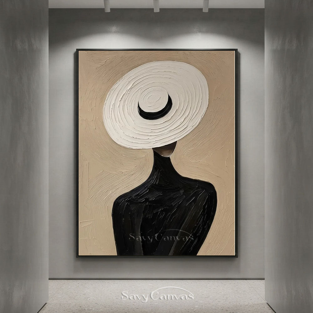 Elegant Lady in White Hat Vintage Handmade Oil Painting #SS 251