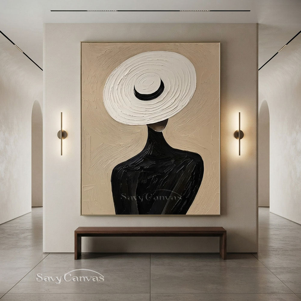 Elegant Lady in White Hat Vintage Handmade Oil Painting #SS 251