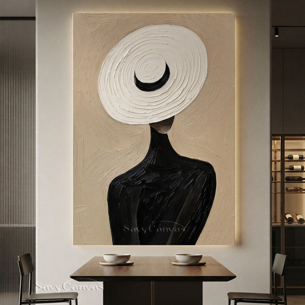 Elegant Lady in White Hat Vintage Handmade Oil Painting #SS 251