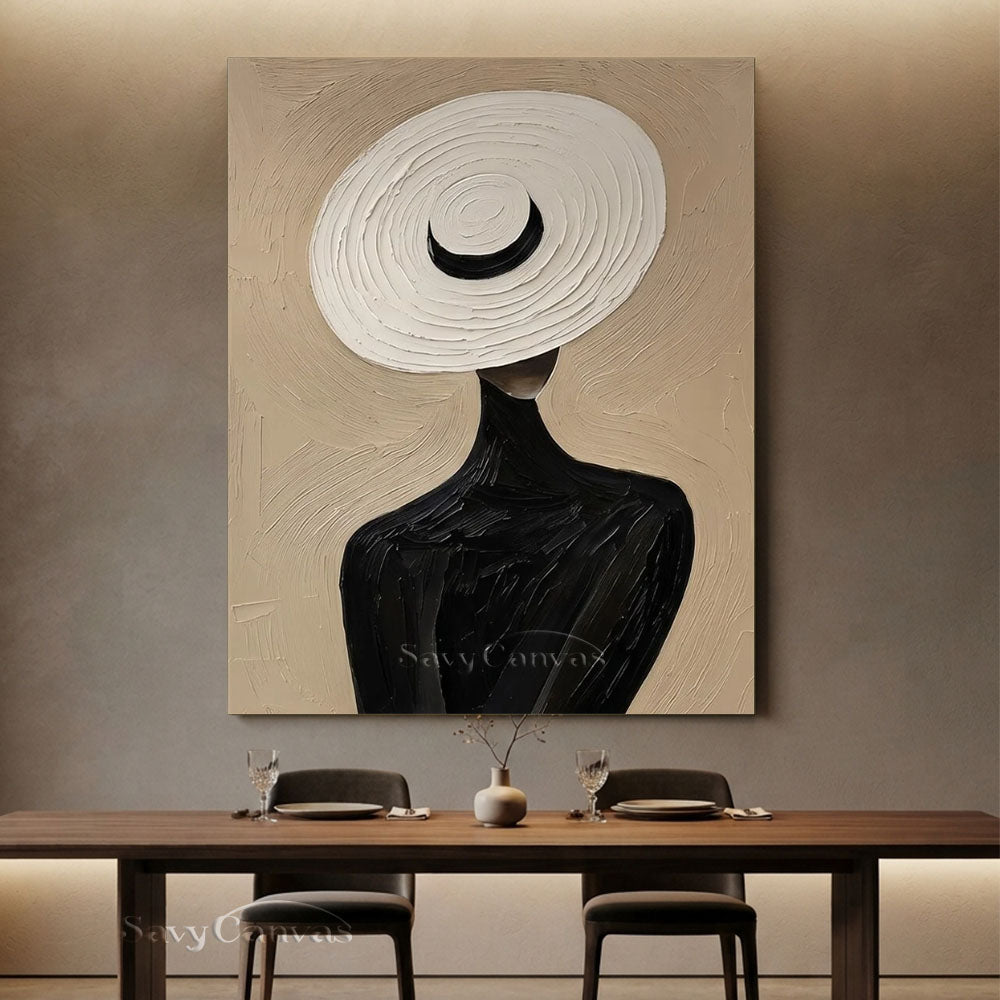Elegant Lady in White Hat Vintage Handmade Oil Painting #SS 251