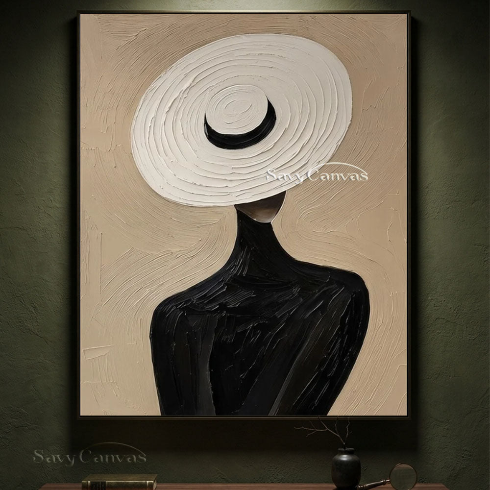 Elegant Lady in White Hat Vintage Handmade Oil Painting #SS 251