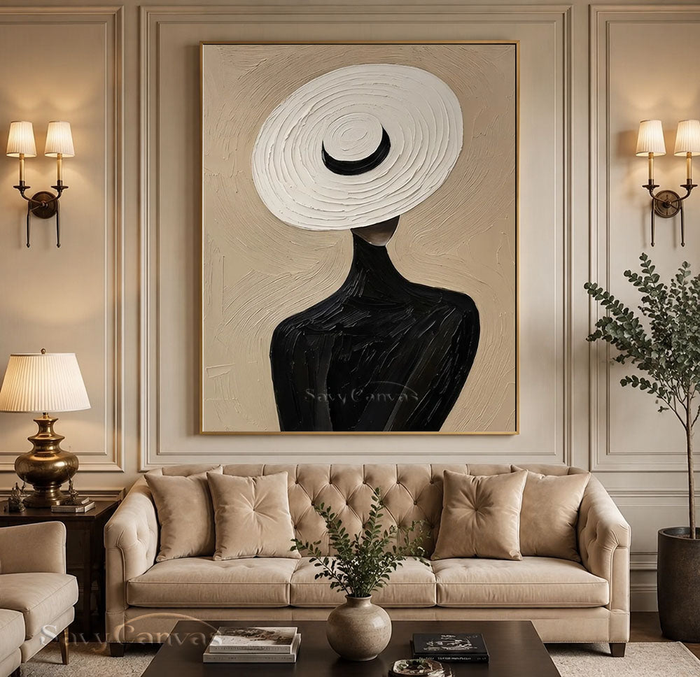 Elegant Lady in White Hat Vintage Handmade Oil Painting #SS 251