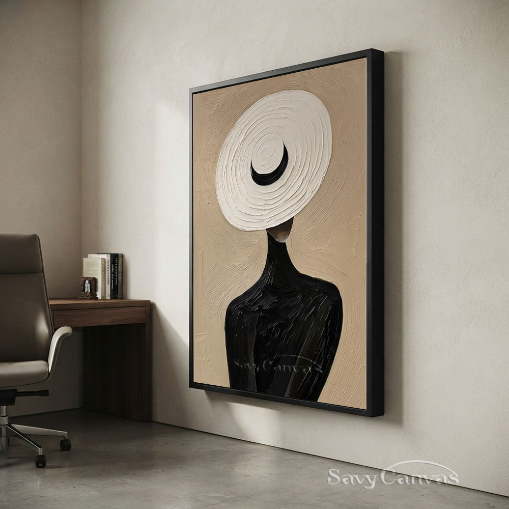 Elegant Lady in White Hat Vintage Handmade Oil Painting #SS 251