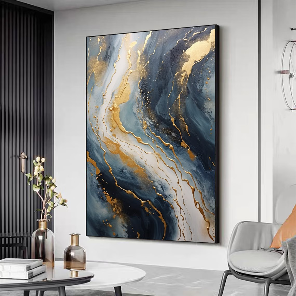 Navy Blue and Gold  Abstract Textured Wall Painting | Large Wall Decor #TC 074