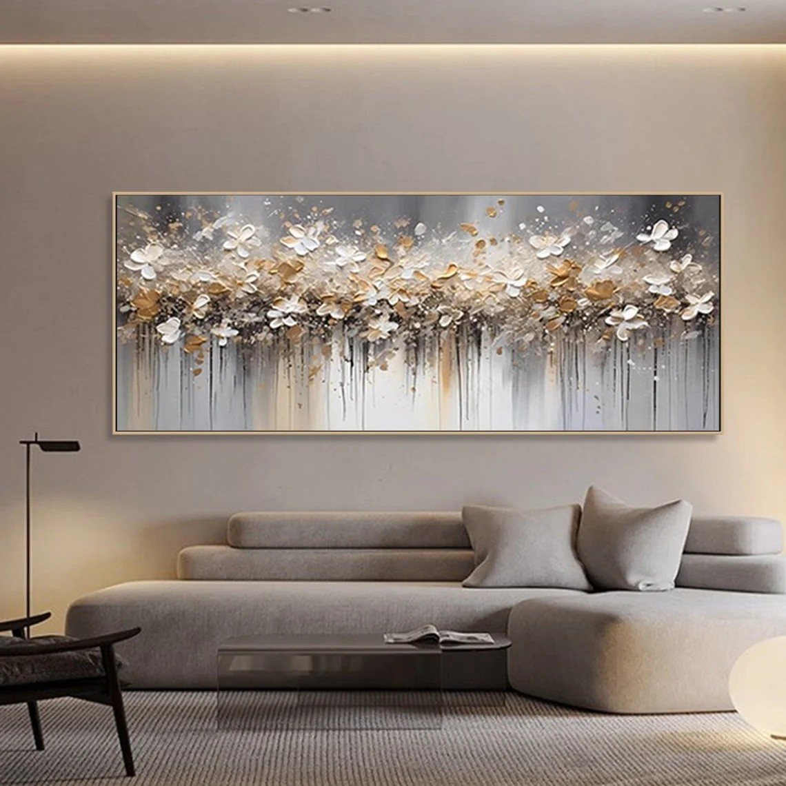 Textured Floral Abstract Oil Art - Gold Beige with Dripping #JJ 021