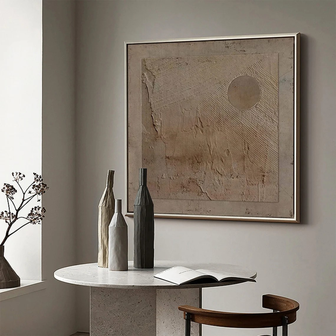 Wabi-Sabi Abstract Oil Painting - Textured Monochromatic Circle Art #JJ 012