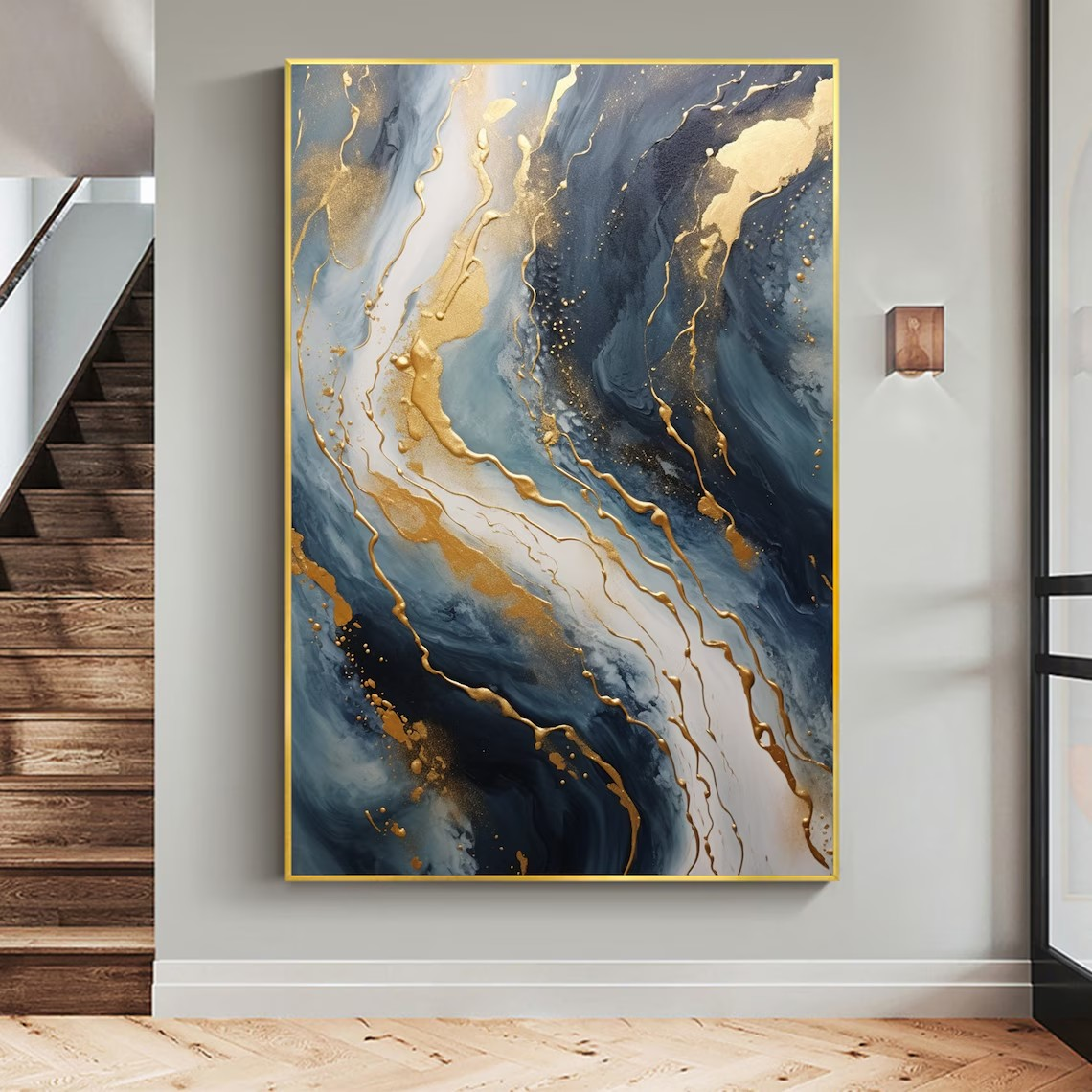 Navy Blue and Gold  Abstract Textured Wall Painting | Large Wall Decor #TC 074