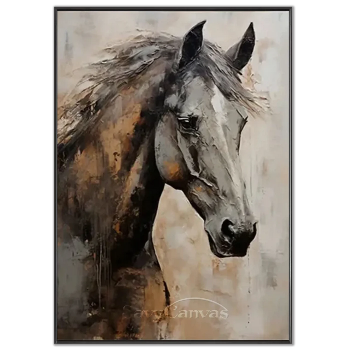 Textured Black Horse Art: Modern Equestrian Oil Painting on Canvas #ZZ 021
