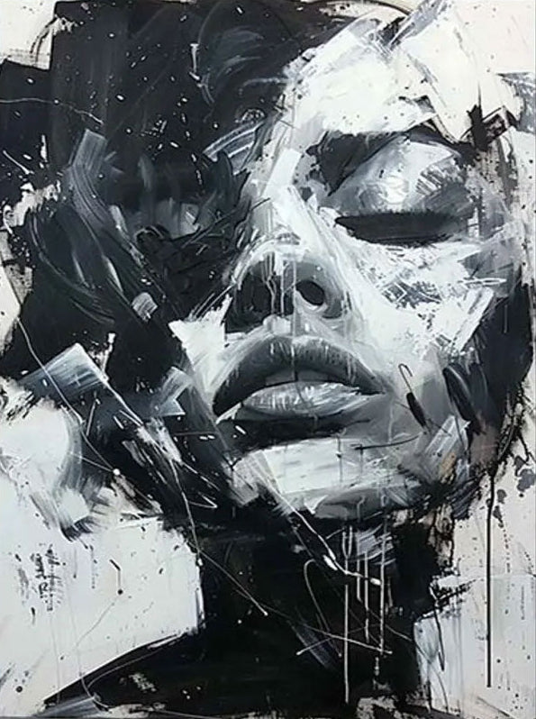 Abstract Woman Face Wall Art | Large Black and White Canvas Painting #ZZ 197