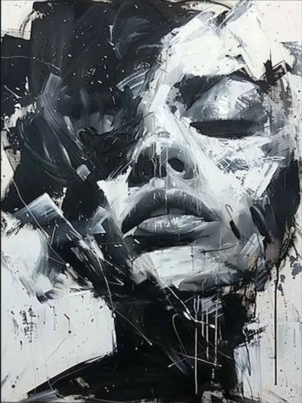 Abstract Woman Face Wall Art | Large Black and White Canvas Painting #ZZ 197