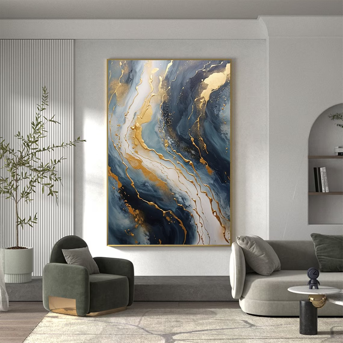 Navy Blue and Gold  Abstract Textured Wall Painting | Large Wall Decor #TC 074